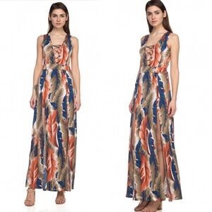 Tropical print lace up detail maxi dress